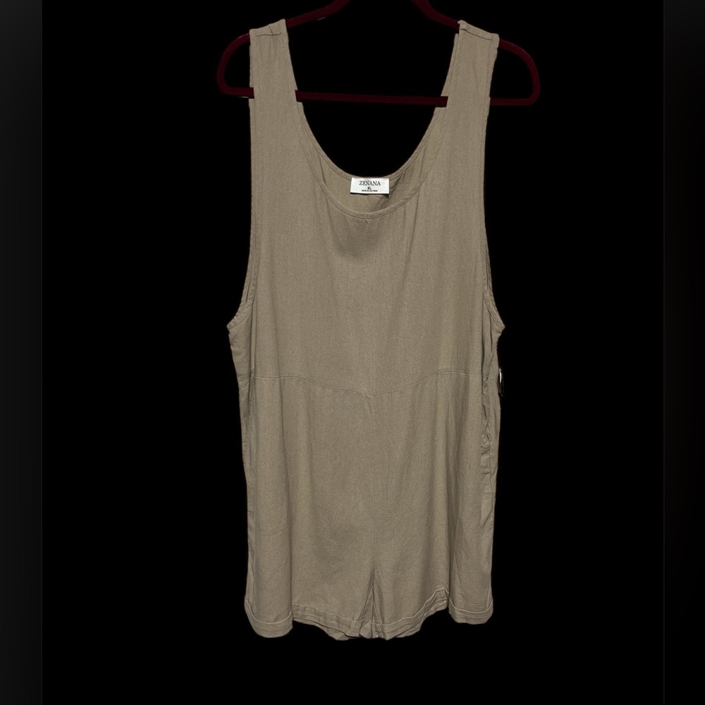 ZENANA ROMPER WOMEN LINEN BLEND SLEEVELESS W/FRONT POCKETS BOHO RESORT KHAKI XL